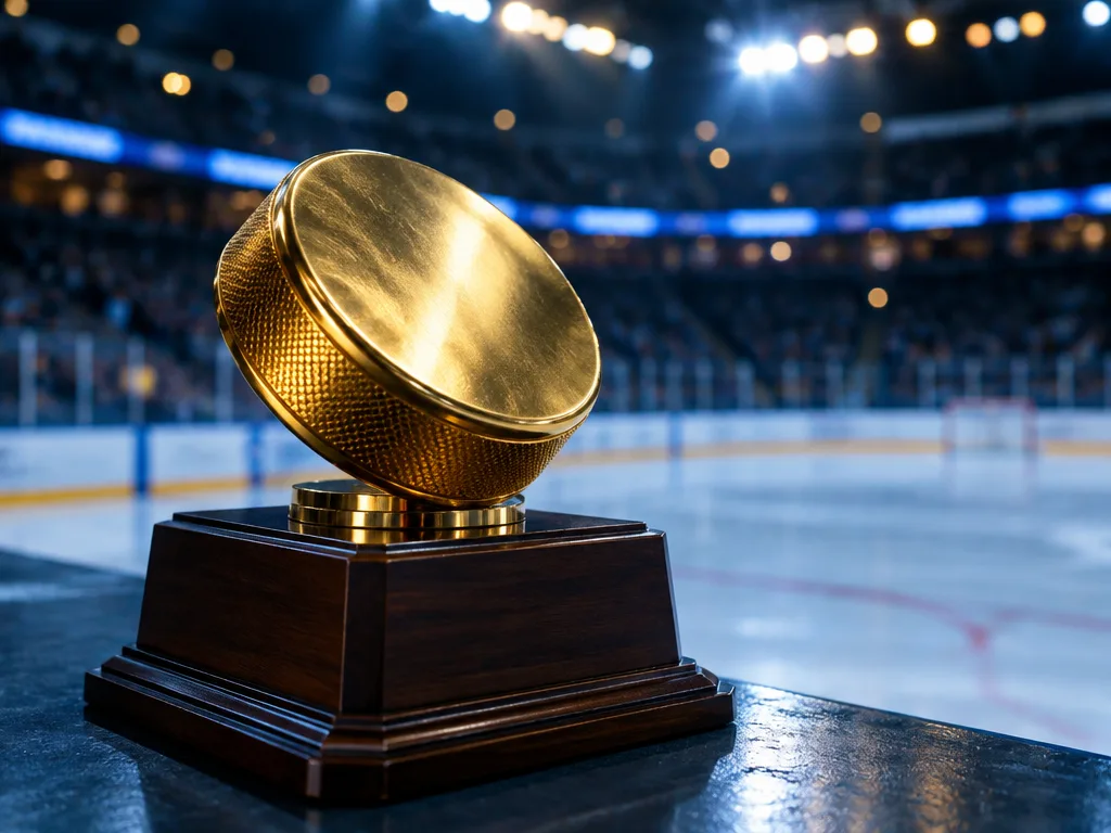 Illustration av en guldfärgad hockeypuck på en träsockel framför en upplyst ishockeyrink.