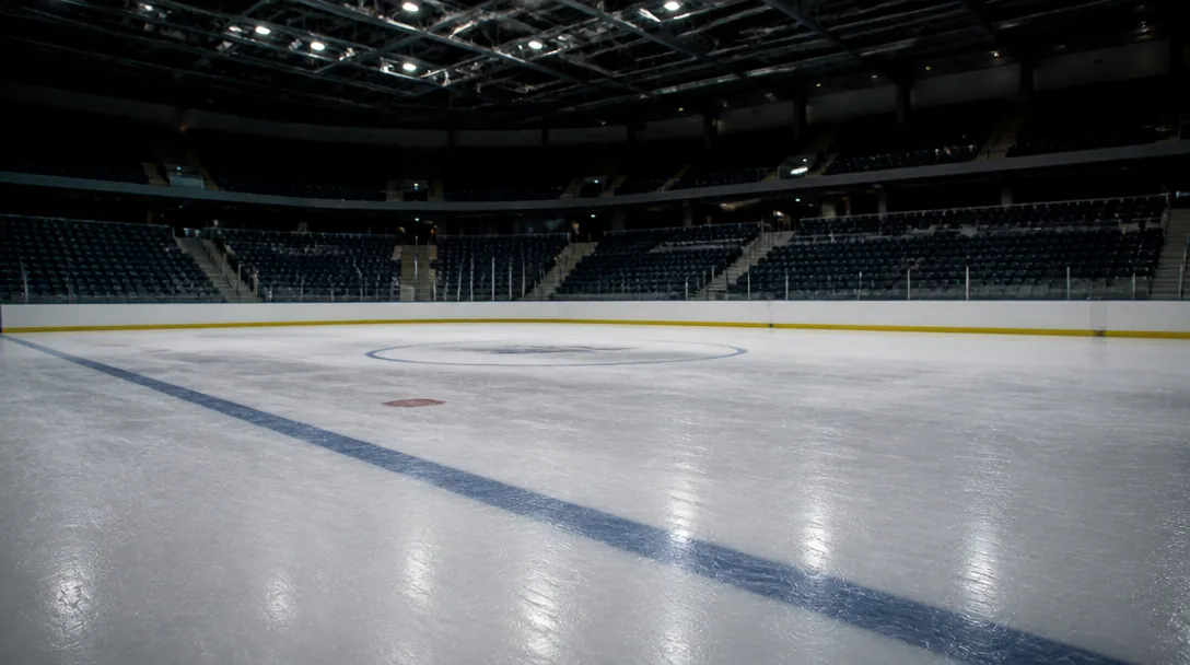 Isyta med blå linje och mittcirkel i en tom arena.