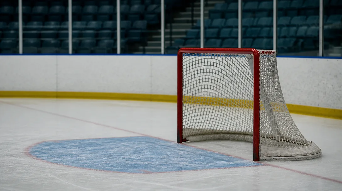 Hockeymål med nät på tom is i en ishall.