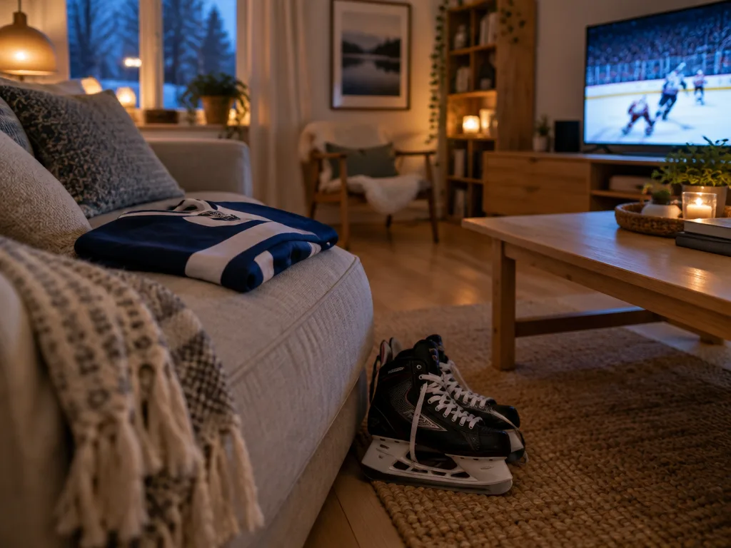 Vardagsrum en kväll med en hockeytröja i soffan, ett par skridskor på mattan och en hockeymatch på tv.