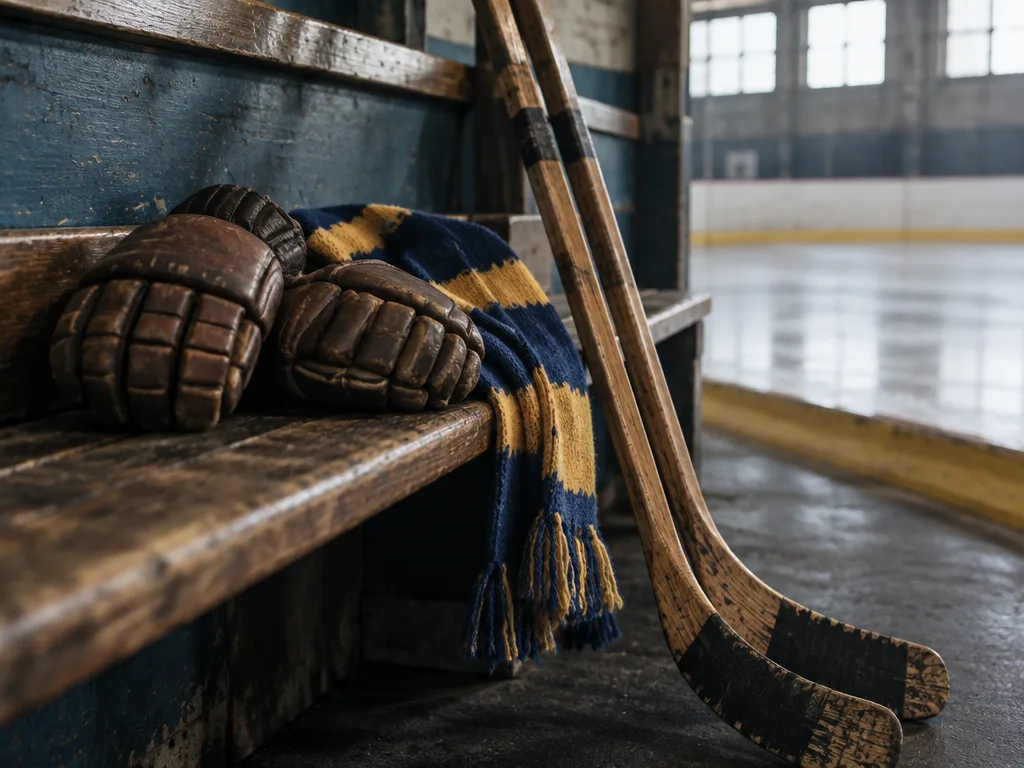 Gamla hockeyklubbor, slitna läderhandskar och en blågul halsduk på en träbänk vid en ishockeyrink.